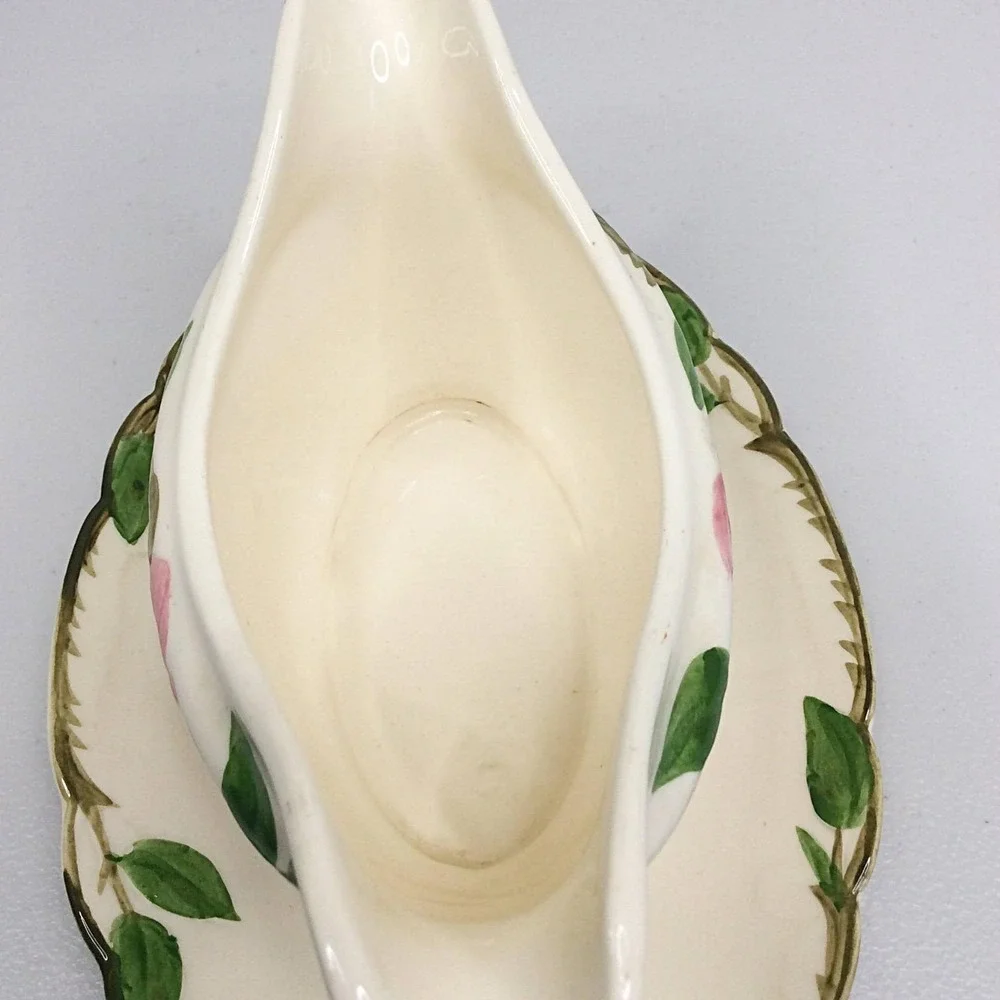 VTG Franciscan Desert Rose Double Spout Gravy Boat Attached Plate USA Pottery 40